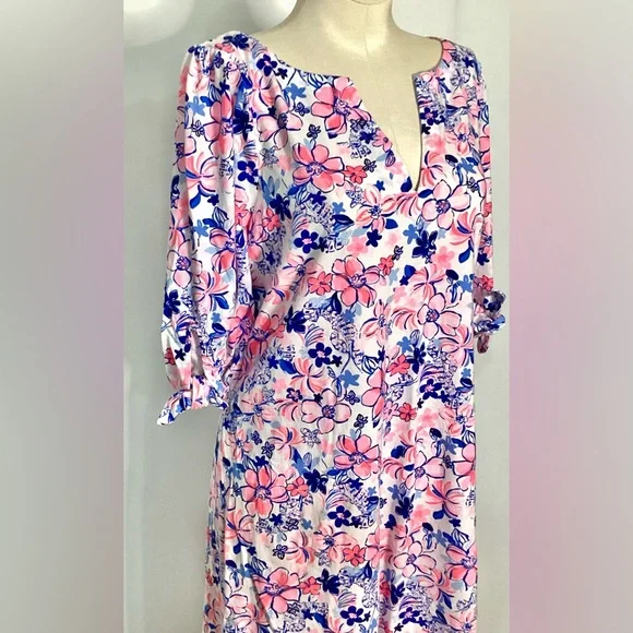 Lilly Pulitzer Pink and Blue Floral 3/4 Sleeve Cotton Dress - Picture 2 of 11